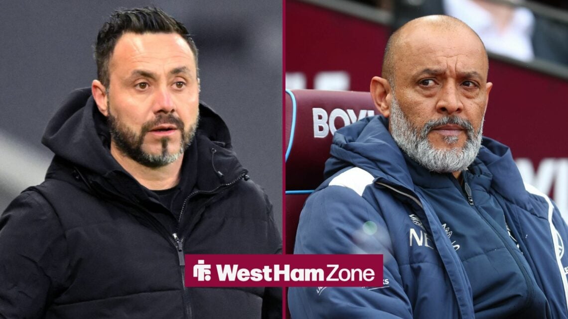 Tottenham Hotspur manager Roberto De Zerbi looking at West Ham manager Nuno Espirito Santo who is at the London Stadium.
