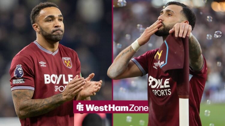Callum Wilson of West Ham United applauds the travelling fans at full time London Tottenham Hotspur Stadium Tottenham and West Ham United versus Le...
