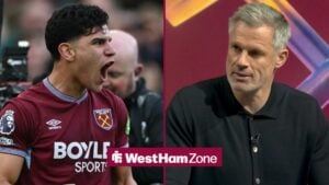 Mateus Fernandes celebrating for West Ham looking towards Jamie Carragher speaking on Sky Sports