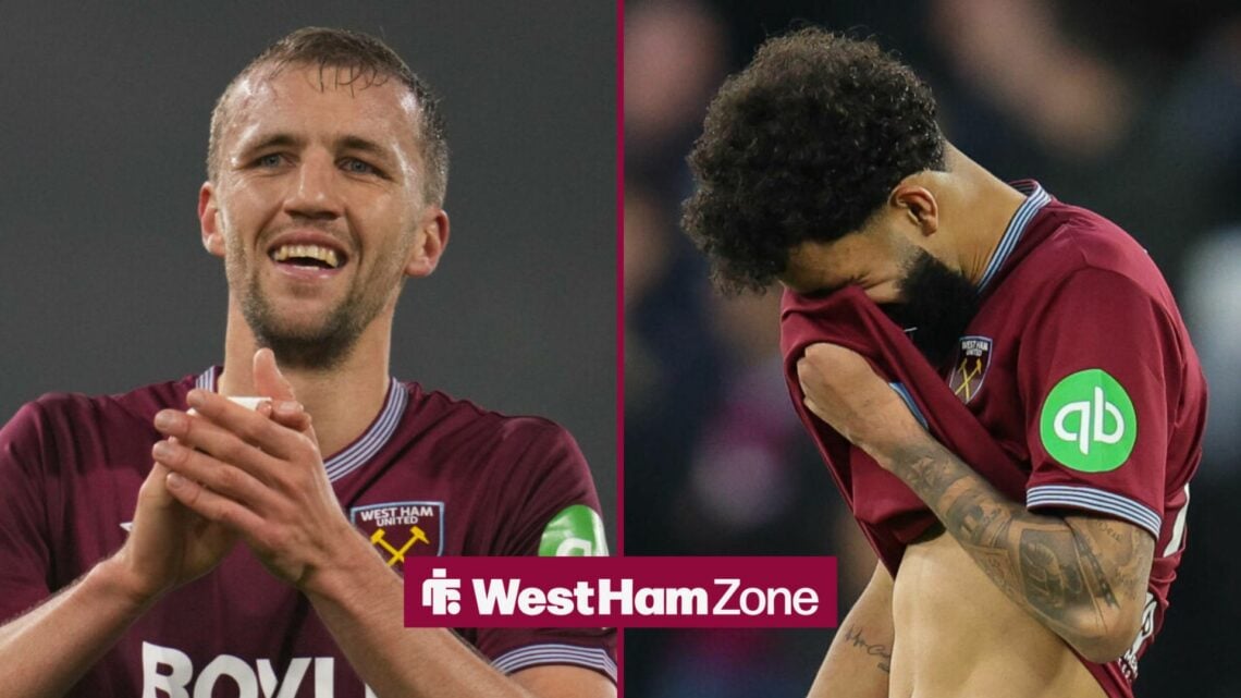 Tomas Soucek celebrating for West Ham and Pablo looking devastated for West Ham