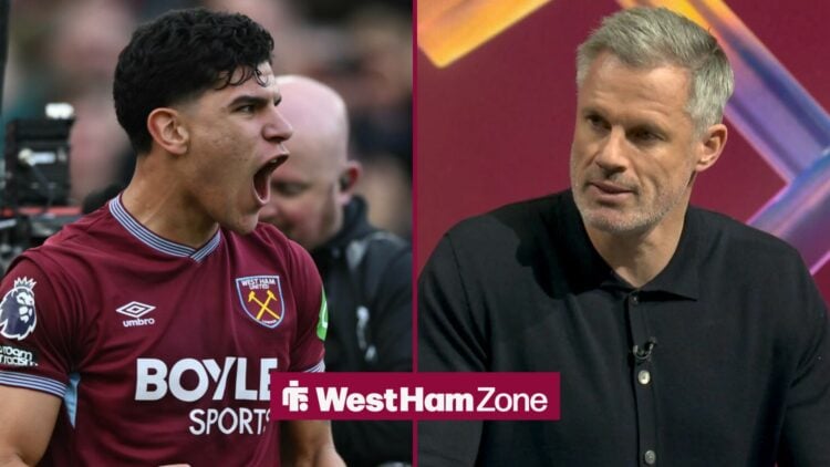Mateus Fernandes celebrating for West Ham looking towards Jamie Carragher speaking on Sky Sports