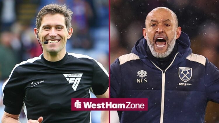 Referee Neil Davies smiling with Nuno Espirito Santo fuming on the touchline