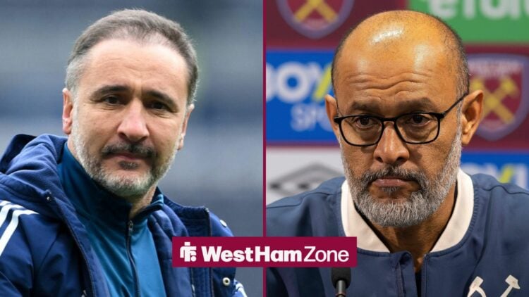 Vitor Pereira on the left looking worried for Nottingham Forest with Nuno Espirito Santo on the right during a West Ham press conference