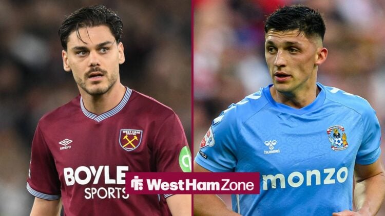 Konstantios Mavropanos in action for West Ham with Bobby Thomas in action for Coventry