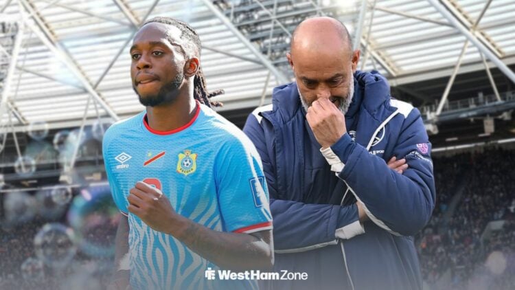 Aaron Wan-Bissaka in a DR Congo shirt, West Ham boss Nuno Espirito Santo looking frustrated.