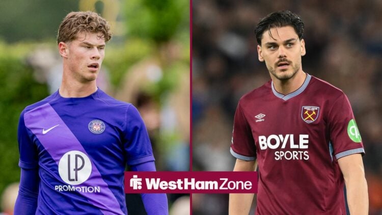 Charlie Cresswell in action for Toulouse, Konstantinos Mavropanos in action for West Ham United.