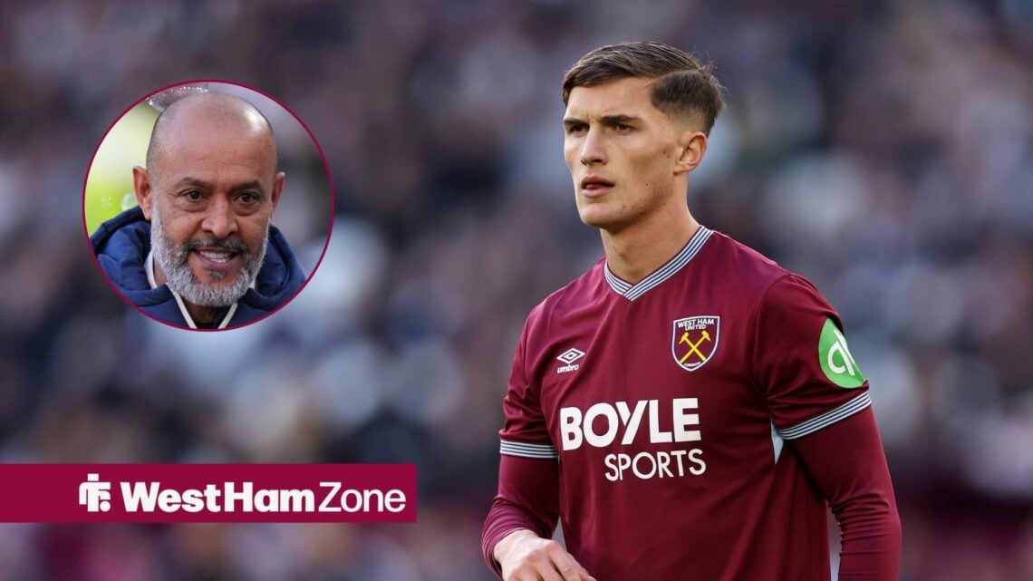 Freddie Potts of West Ham during the West Ham United vs Newcastle United Premier League match, Nuno Espirito Santo manager of West Ham United durin...