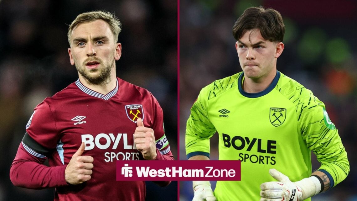 Jarrod Bowen of West Ham United during the Premier League match with Wolverhampton Wanderers, West Ham goalkeeper Fin Herrick during West Ham's FA ...