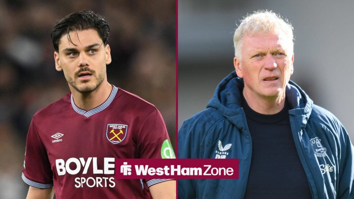 Konstantinos Mavropanos in action for West Ham United, Everton boss David Moyes applauds the supporters after their draw against Brentford.
