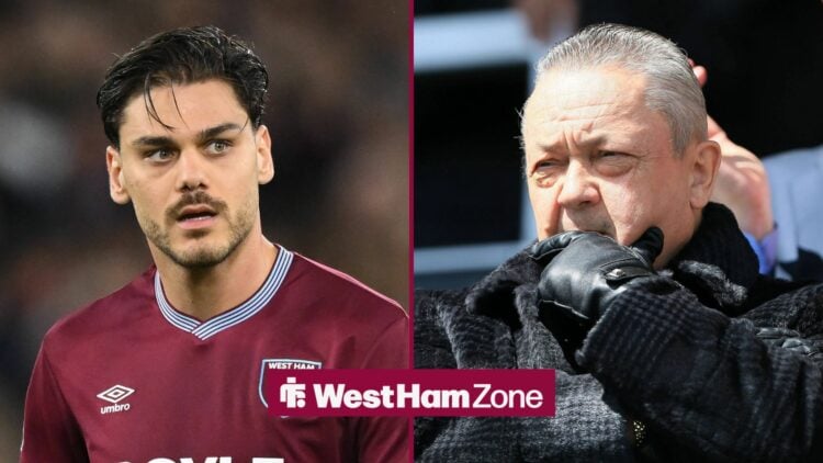Konstantinos Mavropanos of West Ham United looks on during the Premier League match between West Ham United and AFC Bournemouth, David Sullivan loo...