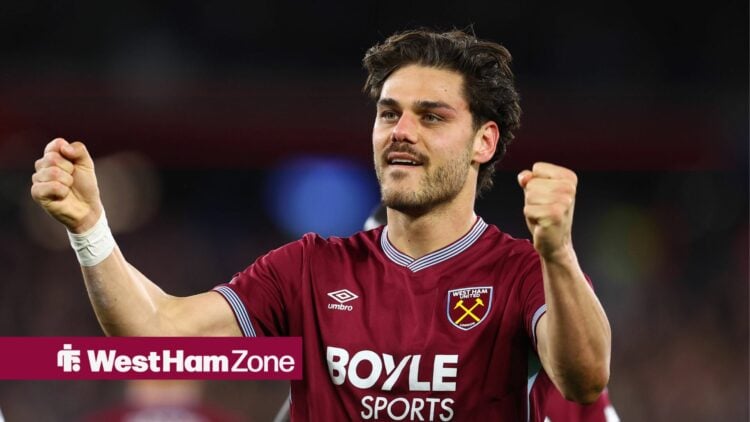 Konstantinos Mavropanos of West Ham United celebrates after scoring to make it 4-0 during the West Ham United vs Wolverhampton Wanderers Premier Le...