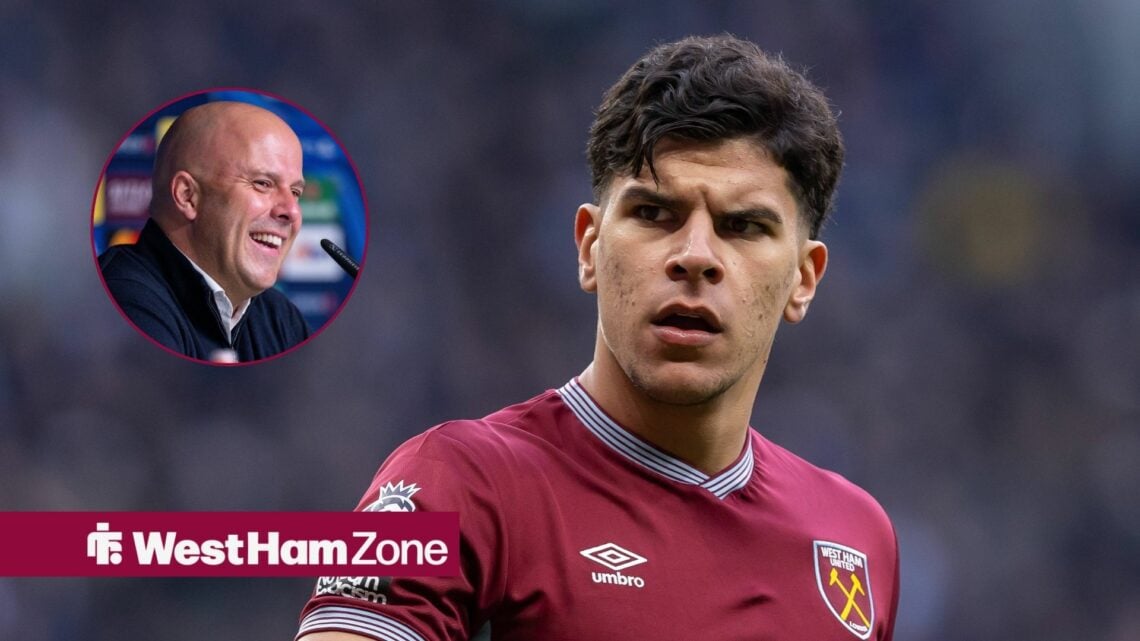 Mateus Fernandes of West Ham United reacts in the clash with Tottenham Hotspur, Liverpool manager Arne Slot smiling in a pre-match press conference.
