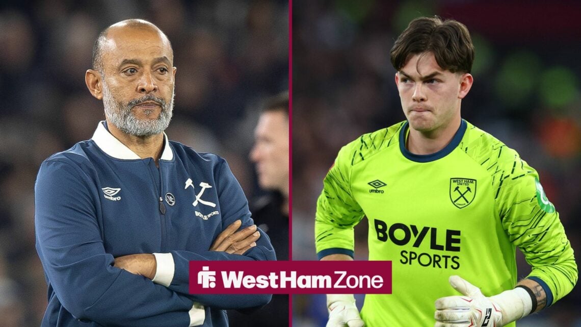 West Ham boss Nuno Espirito Santo with arms crossed, West Ham goalkeeper Fin Herrick during West Ham's FA Cup quarter-final clash against Leeds Uni...