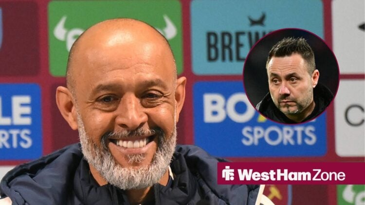 Nuno Espirito Santo, manager of West Ham United, smiles at a press conference during the Premier League match between West Ham United and Wolverham...