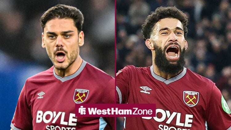 Konstantinos Mavropanos of West Ham plays during the Premier League match with Brighton, Pablo of West Ham United celebrates, 1-0, during the West ...