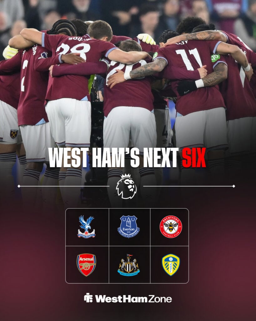 West Ham's next six fixtures in the Premier League