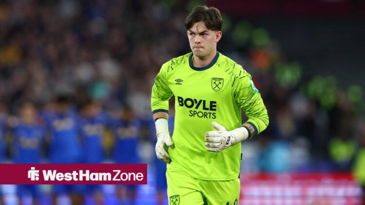 Fin Herrick in action for West Ham United against Leeds United on 5 April 2026.