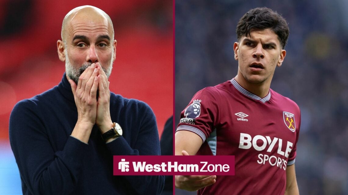 Pep Guardiola and Mateus Fernandes in a split image