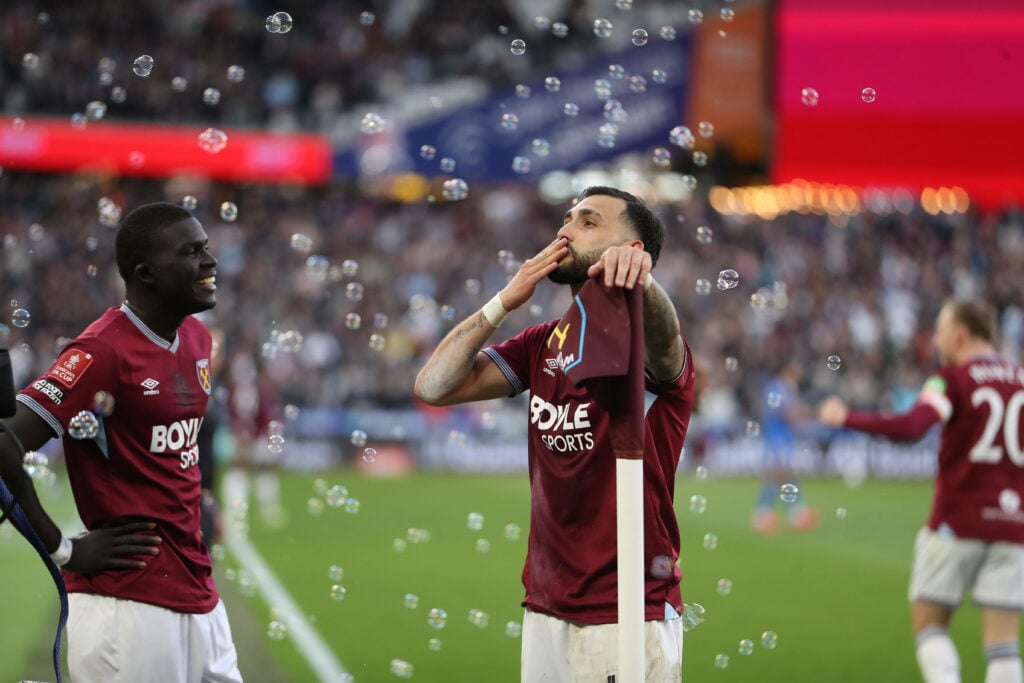 West Ham United versus Leeds United Taty Castellanos of West Ham United celebrates his goal in the 91st minute in extra time before the goal was overturned by VAR for offside