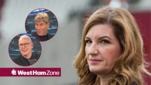Karren Brady looking towards circular frames inset of Jim White and Simon Jordan