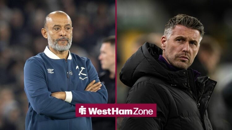 A 50-50 split image of Nuno Espirito Santo and Rob Edwards in charge of West Ham and Wolves.