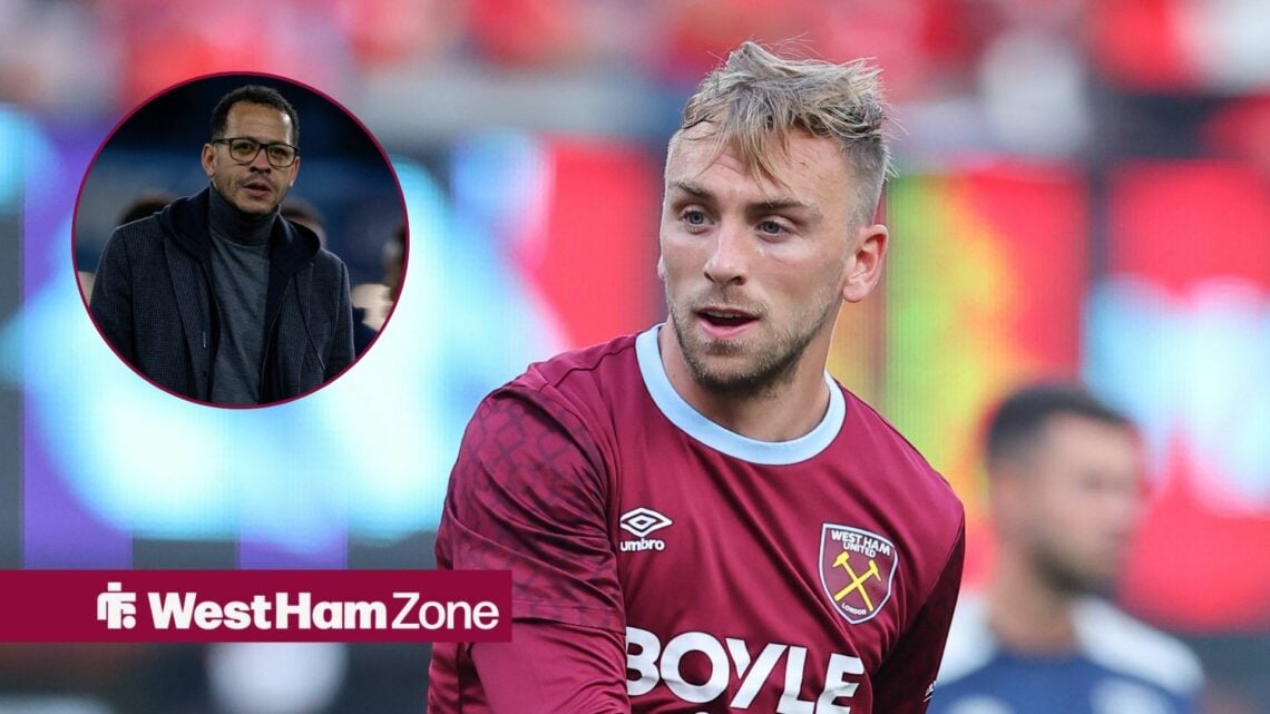 Jarrod Bowen looking at a circular inset of Liam Rosenior.