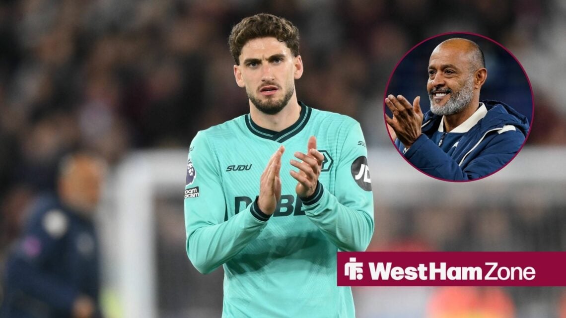 Santiago Bueno in action for Wolves, applauding a circular inset of Nuno Espirito Santo.