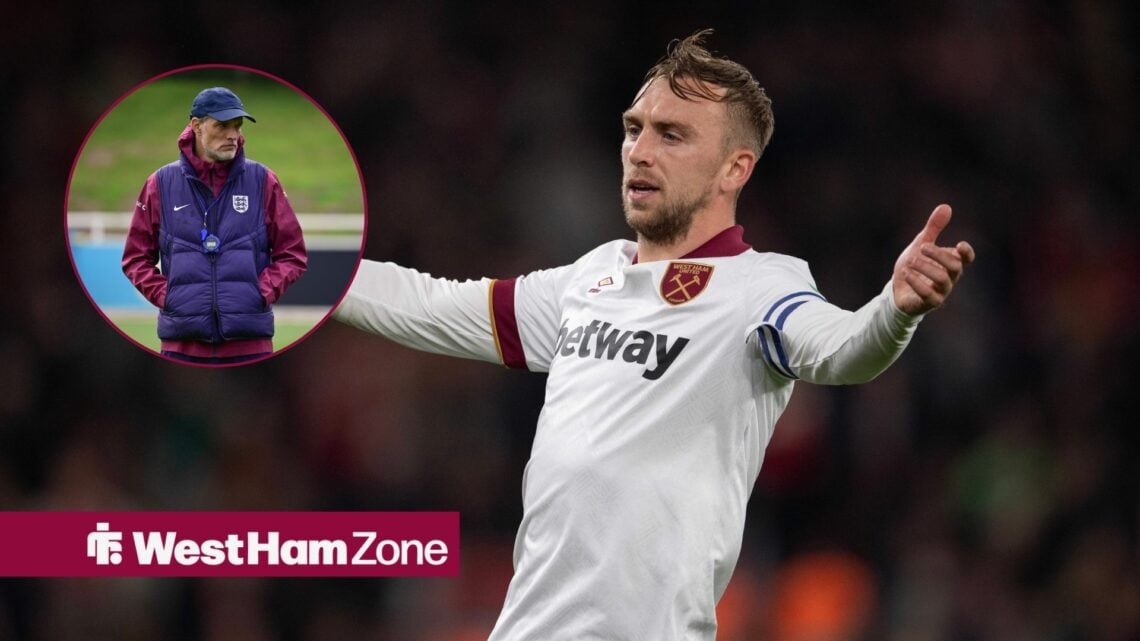 Jarrod Bowen in action for West Ham, while looking at a circular inset of Thomas Tuchel.
