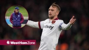 Jarrod Bowen in action for West Ham, while looking at a circular inset of Thomas Tuchel.