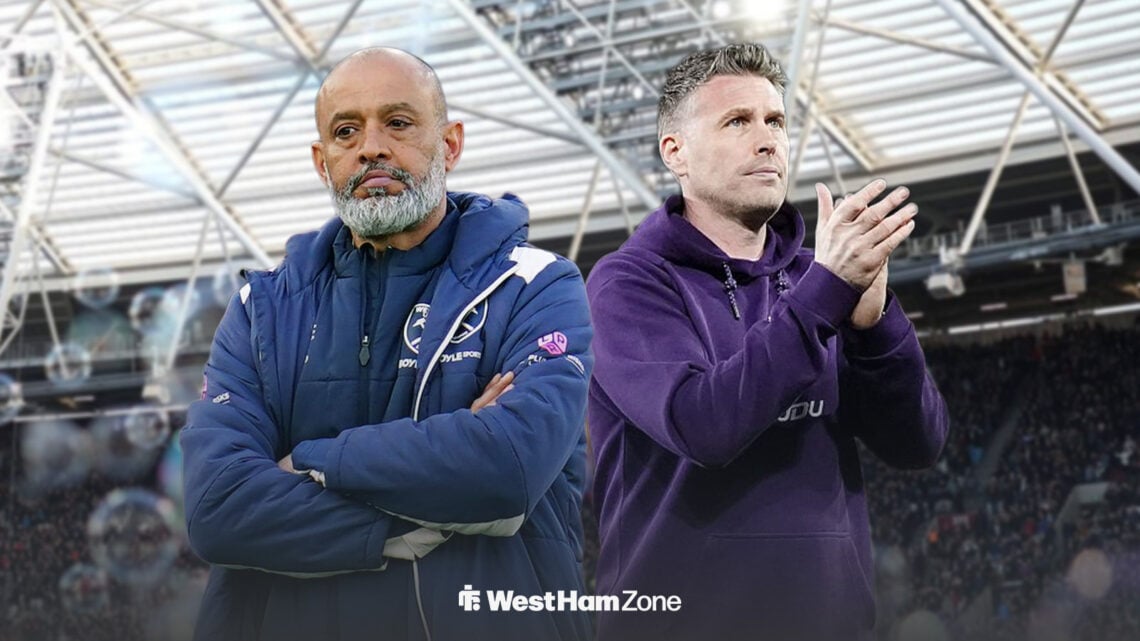 Nuno Espirito Santo and Rob Edwards in front of the London Stadium.