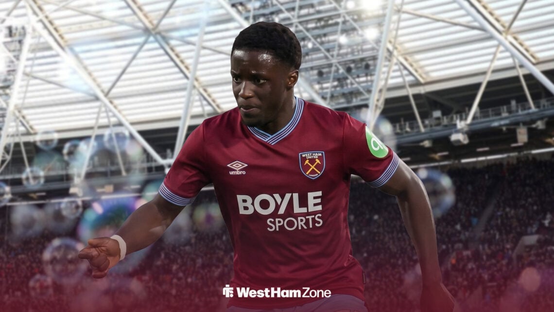 Ismail Badjie in a West Ham shirt, with the London Stadium behind him