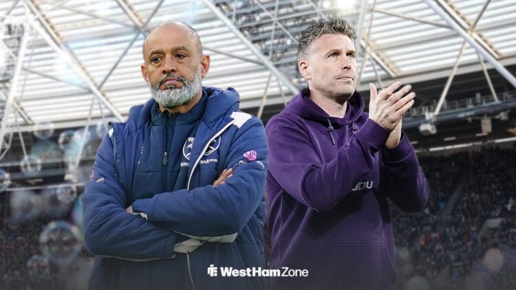 Nuno Espirito Santo and Rob Edwards in front of the London Stadium.