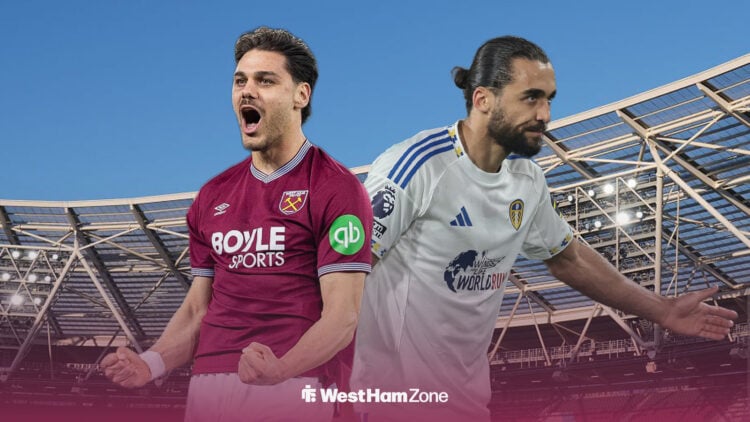 Konstantinos Mavropanos celebrating with Leeds' Dominic Calvert-Lewin in front of London Stadium