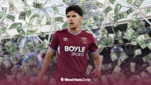 Mateus Fernandes at London Stadium with money falling behind him