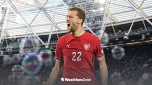 West Ham midfielder Tomas Soucek roars in celebration while wearing a Czechia shirt on a London Stadium background