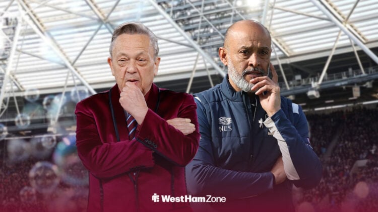 David Sullivan ponders, with Nuno Espirito Santo alongside him and the London Stadium in the background