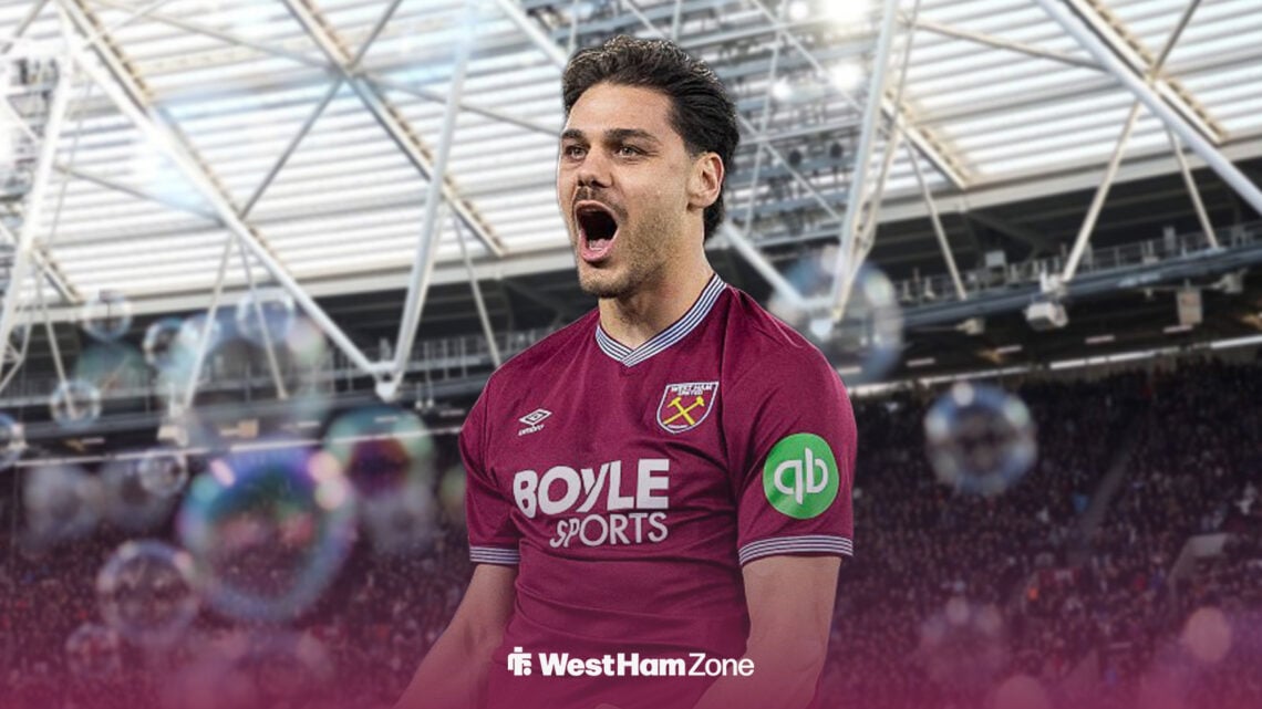 Konstantinos Mavropanos celebrating in front of the London Stadium, West Ham's ground.
