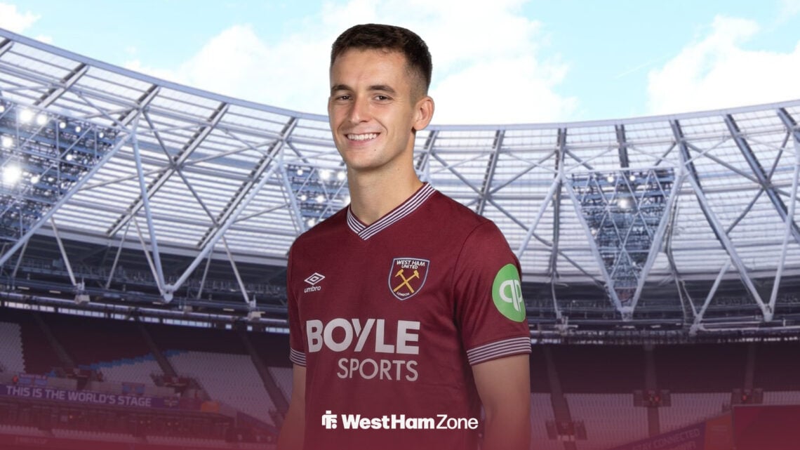 Barcelona star Marc Casado in a West Ham United shirt in front of the London Stadium.