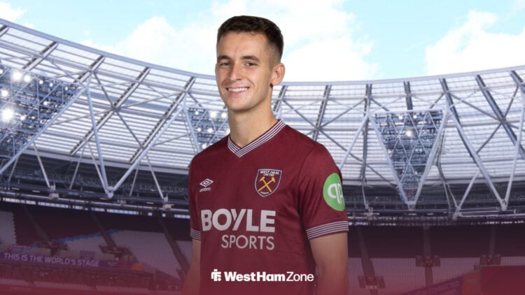 Barcelona star Marc Casado in a West Ham United shirt in front of the London Stadium.