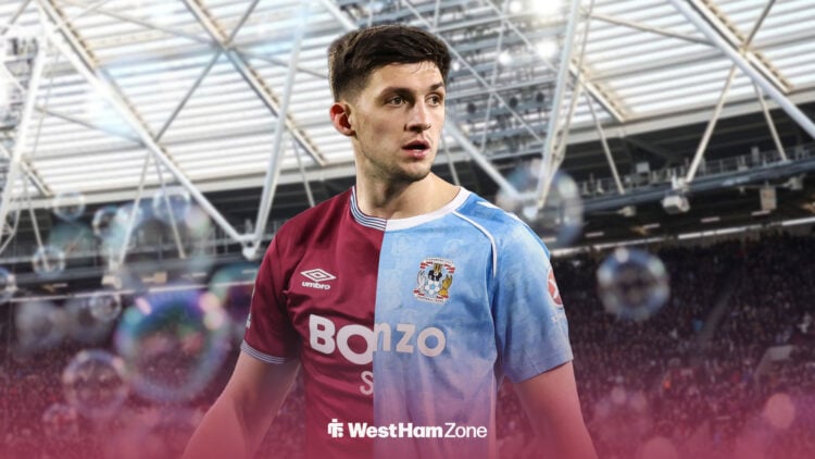 Coventry City's Bobby Thomas in half a Coventry shirt and half a West Ham shirt outside the London Stadium.