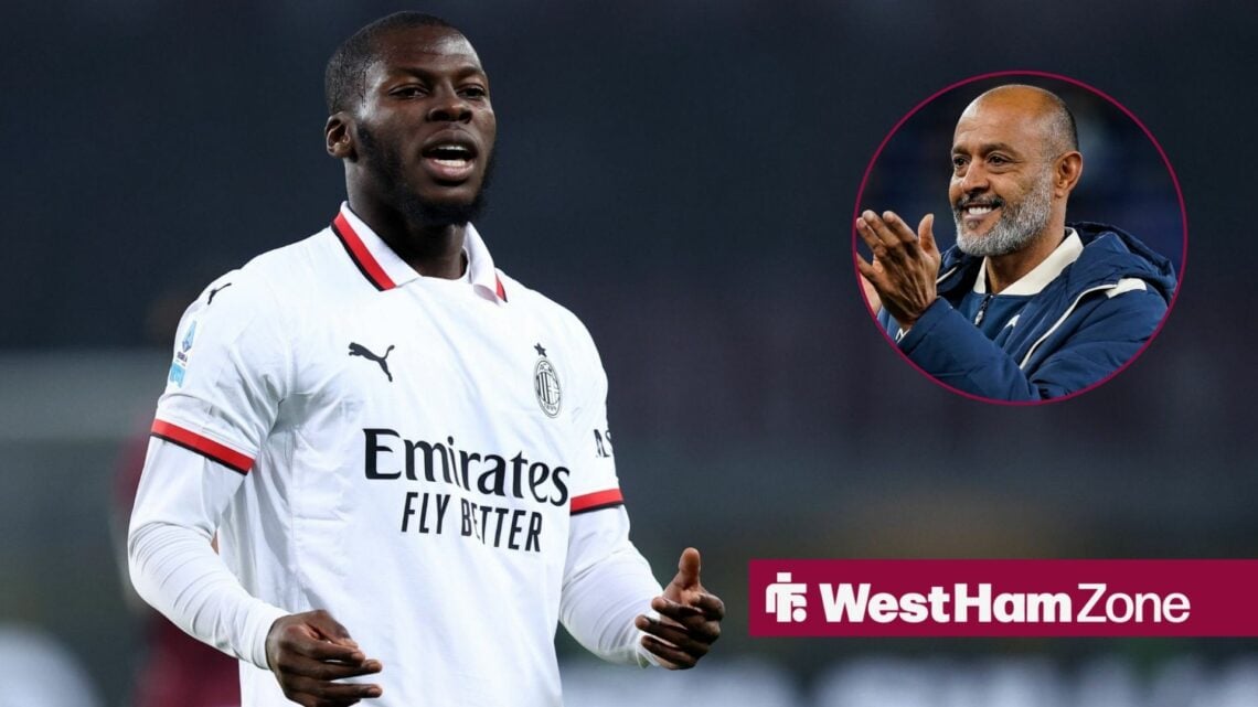 Yunus Musah in action for AC Milan, looking at a circular inset of Nuno Espirito Santo.