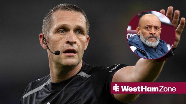 Craig Pawson in action as a referee with Nuno Esprito Santo in circular inset looking unimpressed
