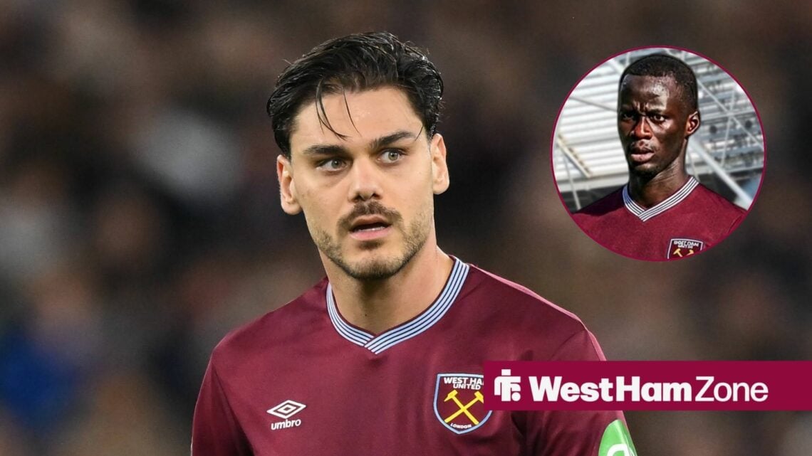 Kostantinos Mavropanos in action for West Ham with Mbow in circular inset