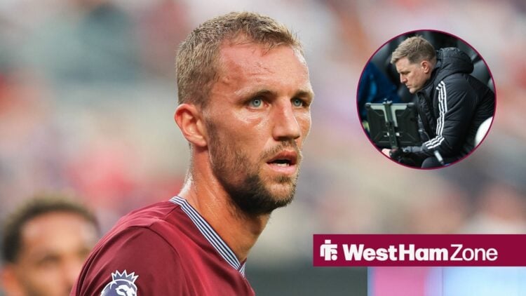 Tomas Soucek looks on for West Ham with Eddie Howe in circular inset