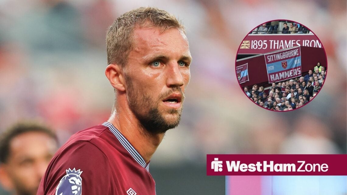 Tomas Soucek looking at West Ham fans inside the London Stadium.