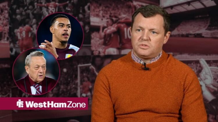 Kieran Scott, Middlesbrough's head of football, looking Aston Villa star Morgan Rogers and West Ham United owner David Sullivan.