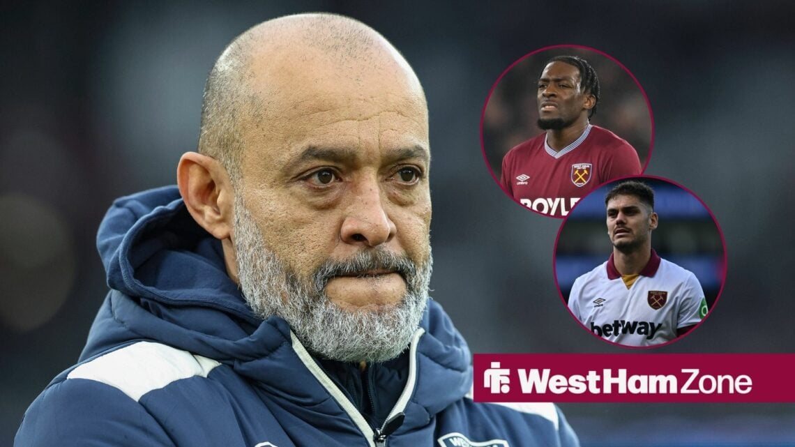 Nuno Espirito Santo looking on with Axel Disasi and Konstantinos Mavropanos in circular insets