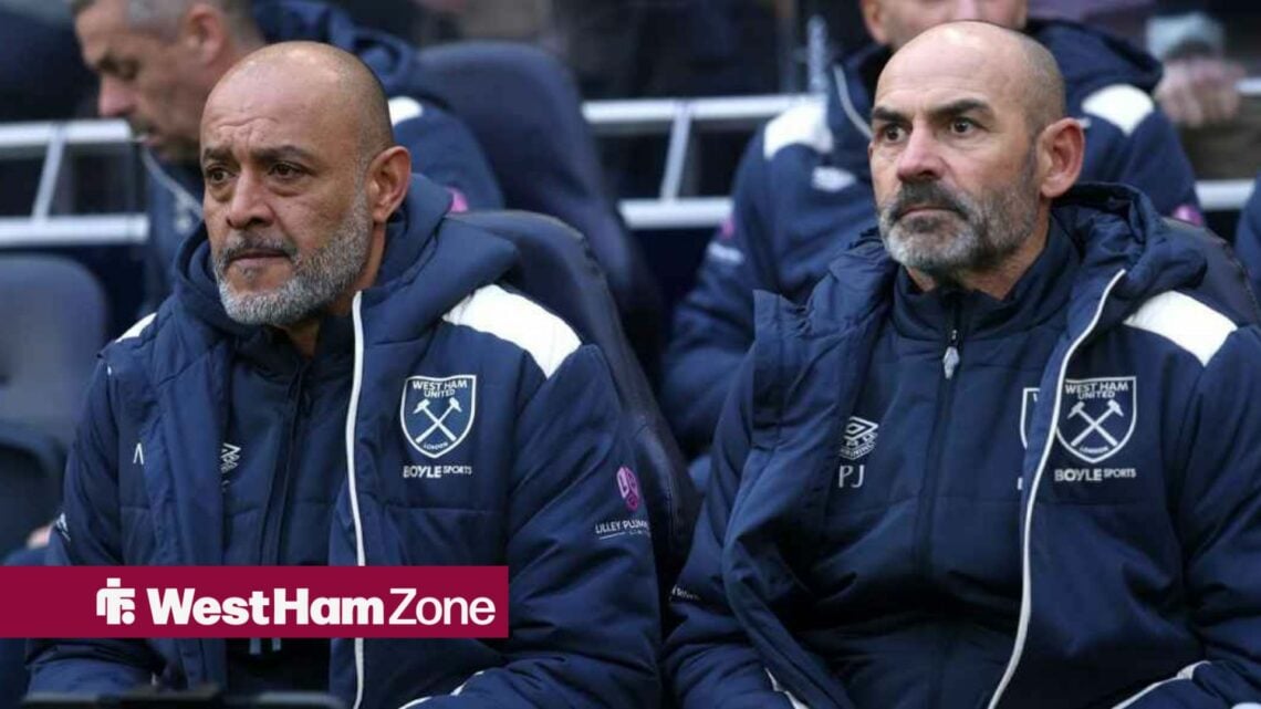 West Ham manager Nuno Espirito Santo and first-team coach Paco Jemez sitting on the bench