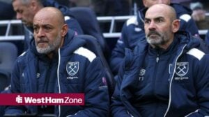 West Ham manager Nuno Espirito Santo and first-team coach Paco Jemez sitting on the bench