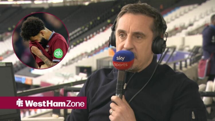 Gary Neville speaking on the Gary Neville Podcast looking towards a circle inset of Pablo Felipe of West Ham United reacts after missing a penalty ...